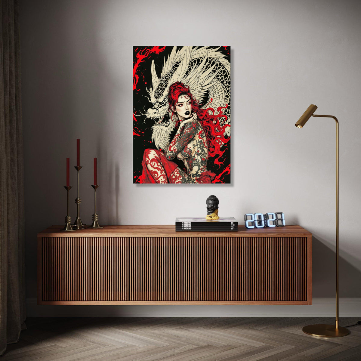 Fierce Dragon Tattoo Woman Canvas, Red Hair Fantasy Art, Mythical Creature Wall Art, Asian-Inspired Canvas, Bold Gift Art, Home Decor, Print