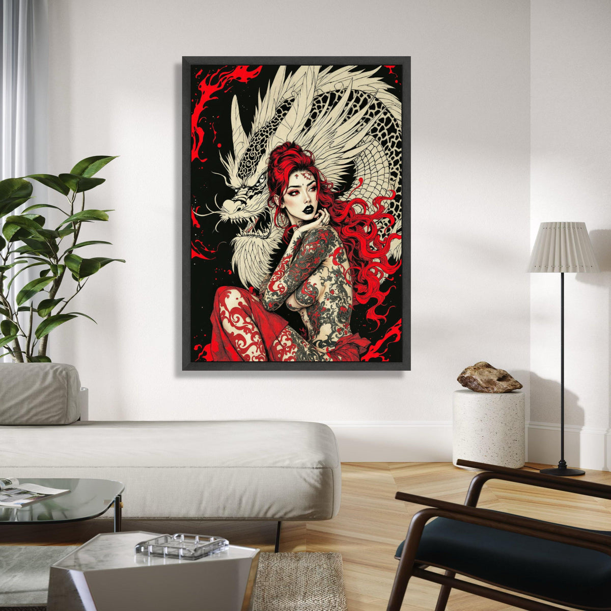 Fierce Dragon Tattoo Woman Canvas, Red Hair Fantasy Art, Mythical Creature Wall Art, Asian-Inspired Canvas, Bold Gift Art, Home Decor, Print