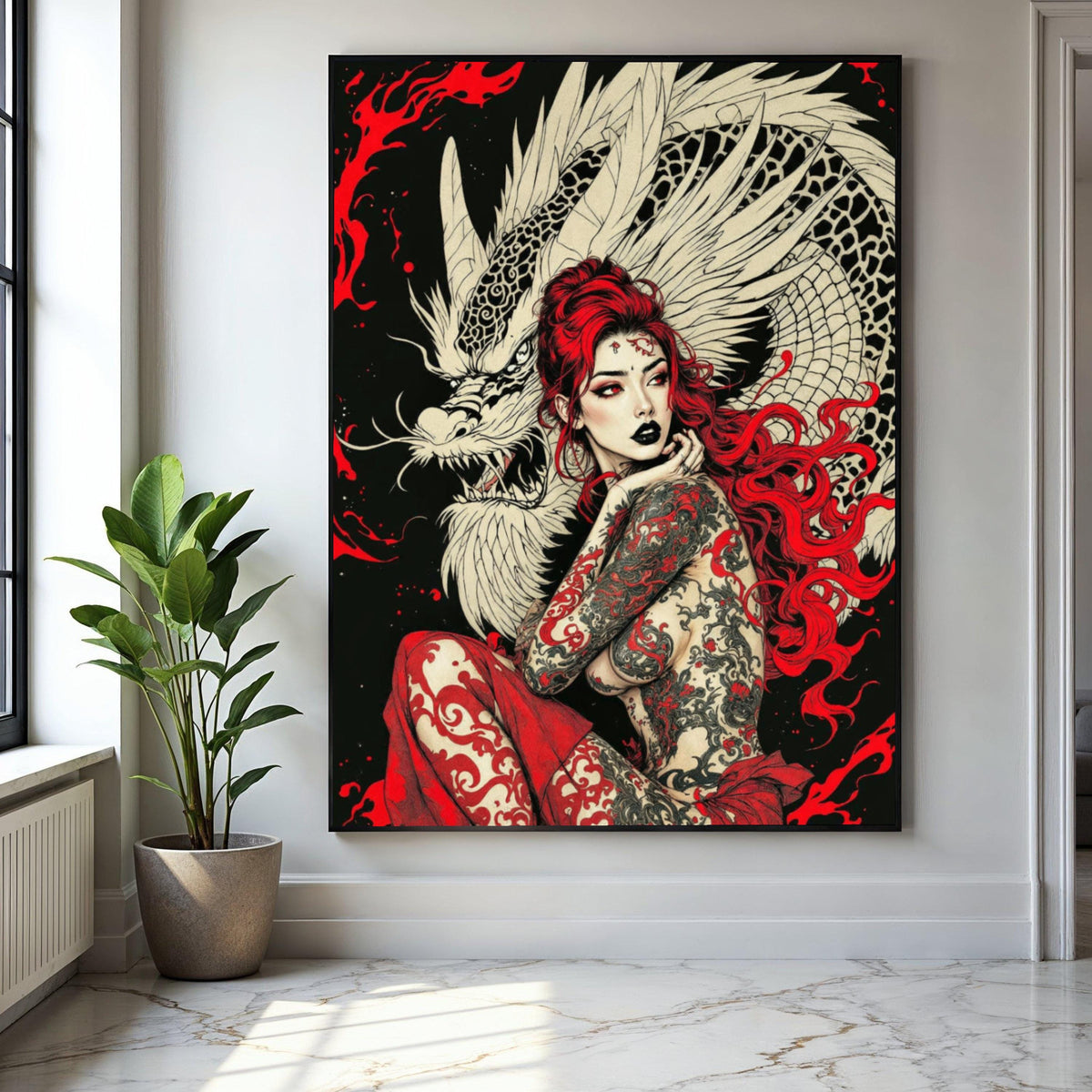 Fierce Dragon Tattoo Woman Canvas, Red Hair Fantasy Art, Mythical Creature Wall Art, Asian-Inspired Canvas, Bold Gift Art, Home Decor, Print
