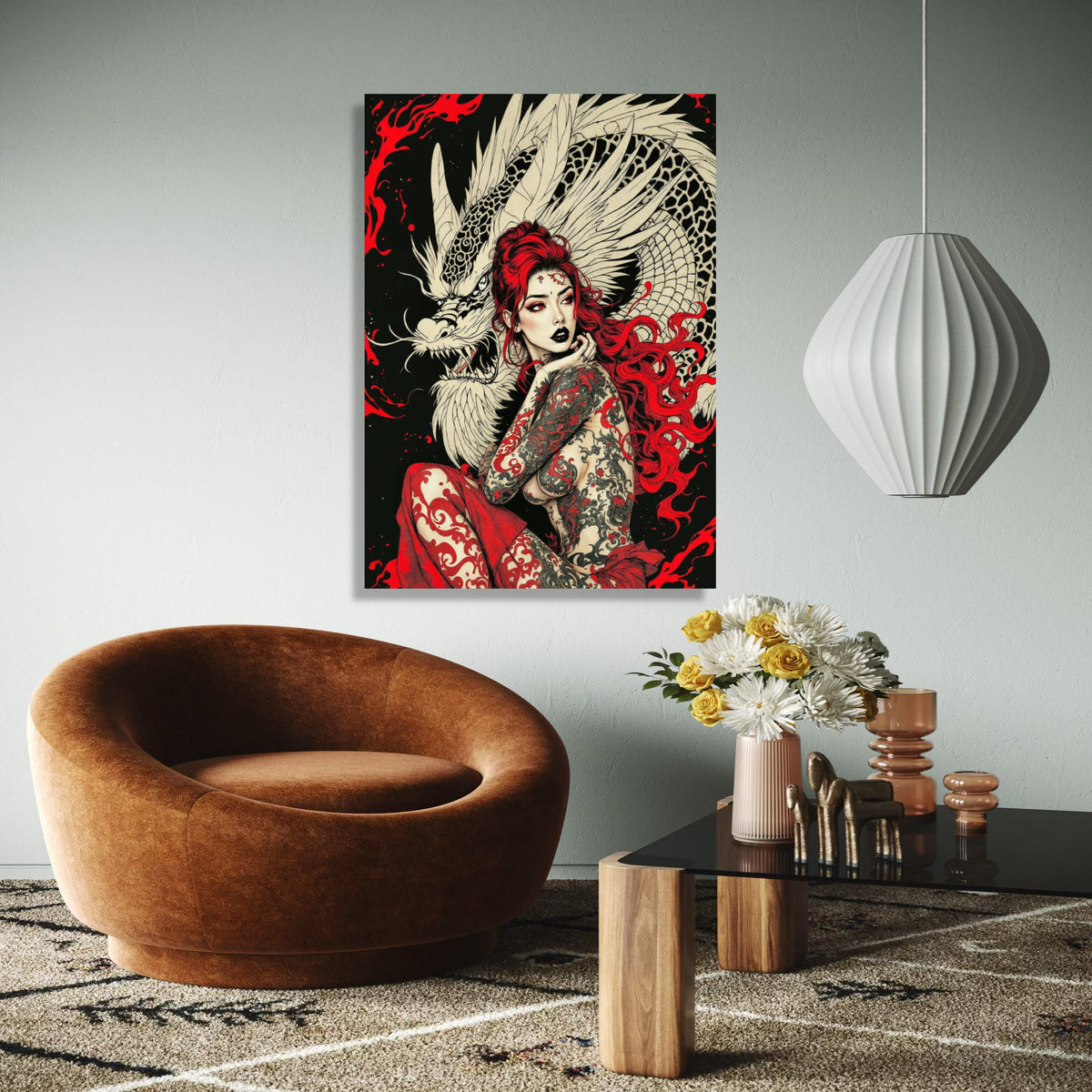 Fierce Dragon Tattoo Woman Canvas, Red Hair Fantasy Art, Mythical Creature Wall Art, Asian-Inspired Canvas, Bold Gift Art, Home Decor, Print