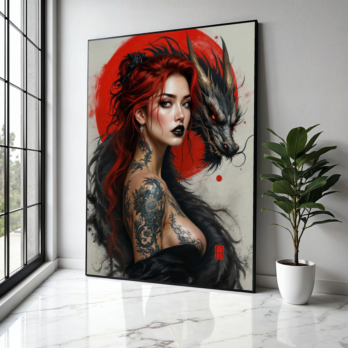 Fiery Red Haired Woman with Dragon Canvas, Japanese Tattoo Art, Mythical Creature Wall Art, Bold Portrait Gift Art, Home Decor, Print