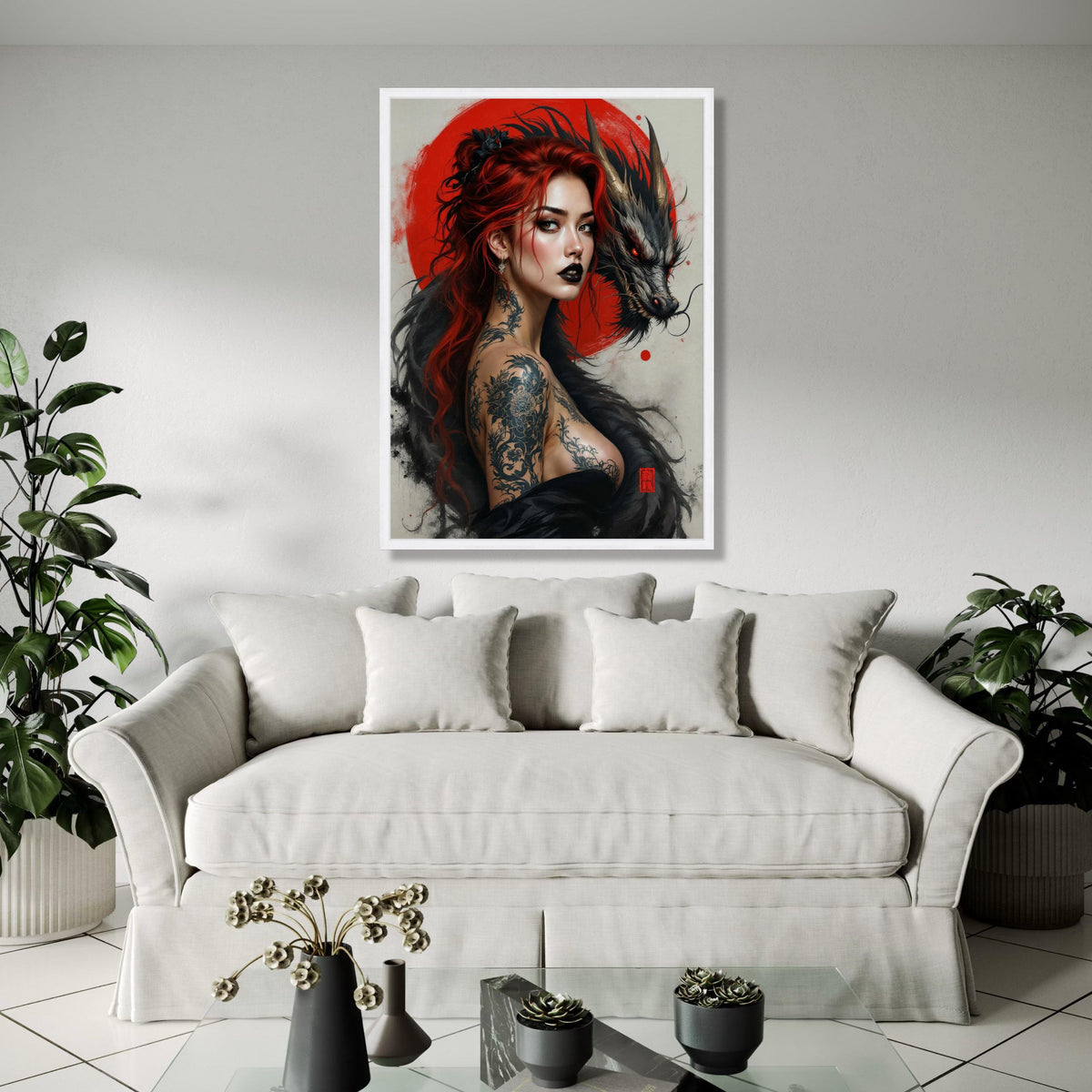 Fiery Red Haired Woman with Dragon Canvas, Japanese Tattoo Art, Mythical Creature Wall Art, Bold Portrait Gift Art, Home Decor, Print