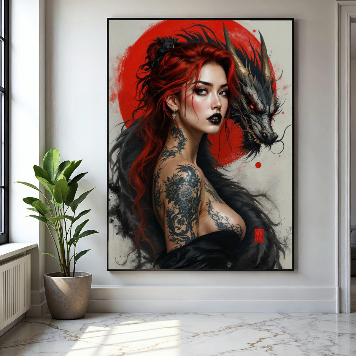 Fiery Red Haired Woman with Dragon Canvas, Japanese Tattoo Art, Mythical Creature Wall Art, Bold Portrait Gift Art, Home Decor, Print