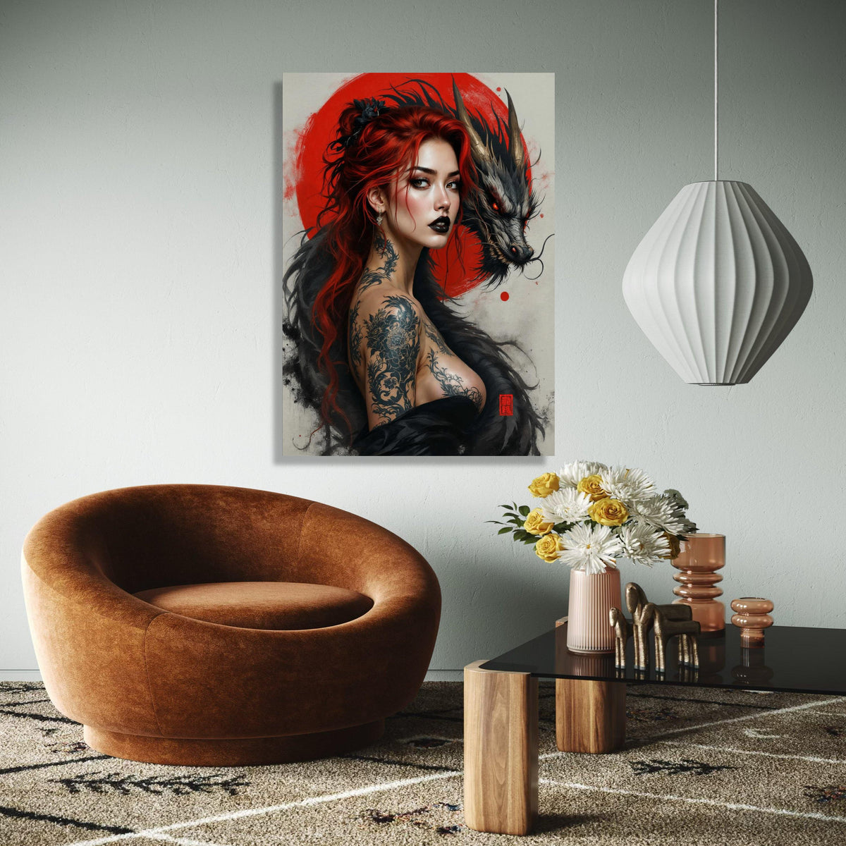 Fiery Red Haired Woman with Dragon Canvas, Japanese Tattoo Art, Mythical Creature Wall Art, Bold Portrait Gift Art, Home Decor, Print