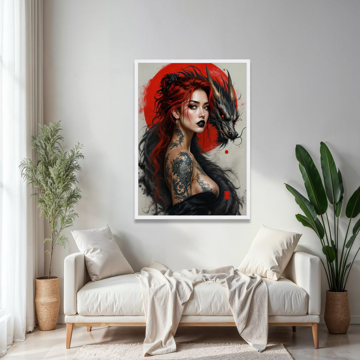 Fiery Red Haired Woman with Dragon Canvas, Japanese Tattoo Art, Mythical Creature Wall Art, Bold Portrait Gift Art, Home Decor, Print
