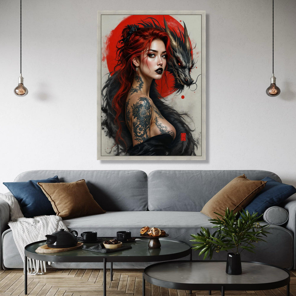 Fiery Red Haired Woman with Dragon Canvas, Japanese Tattoo Art, Mythical Creature Wall Art, Bold Portrait Gift Art, Home Decor, Print