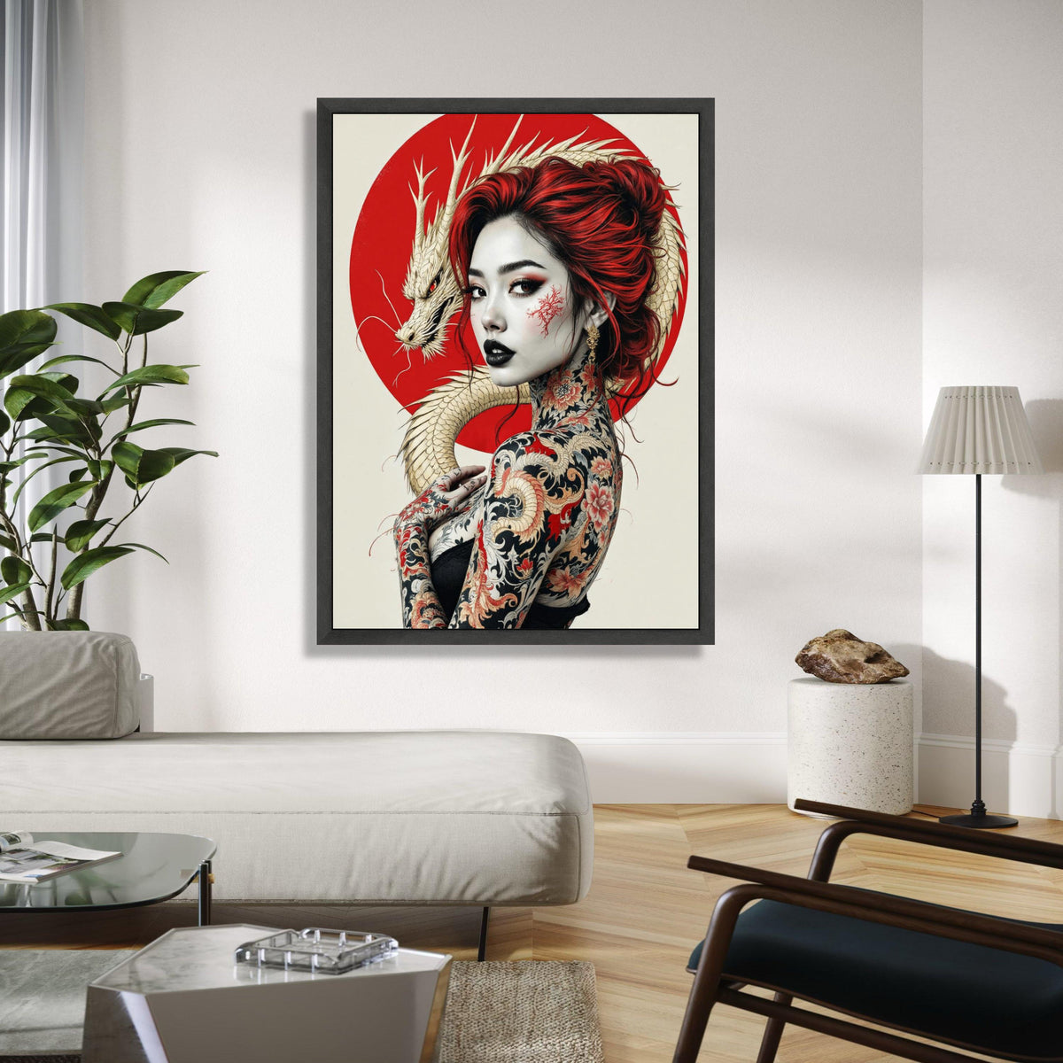 Japanese Dragon Tattoo Woman Canvas, Red Hair Portrait Wall Art, Asian Inspired Body Art Canvas, Modern Japon Gift Art, Home Decor, Print