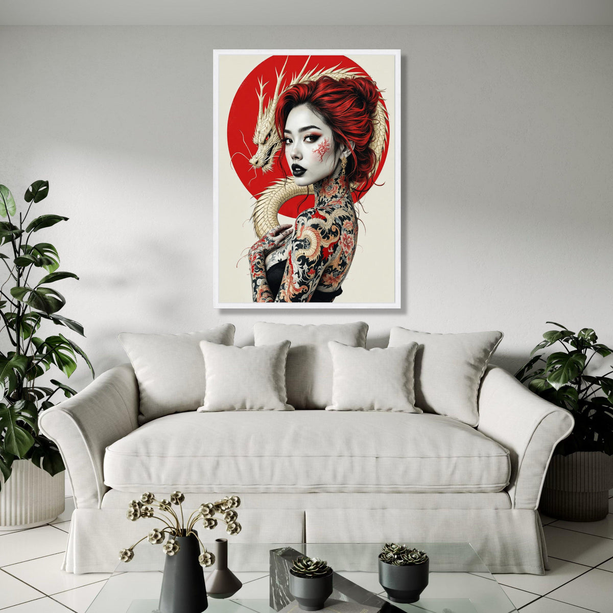 Japanese Dragon Tattoo Woman Canvas, Red Hair Portrait Wall Art, Asian Inspired Body Art Canvas, Modern Japon Gift Art, Home Decor, Print