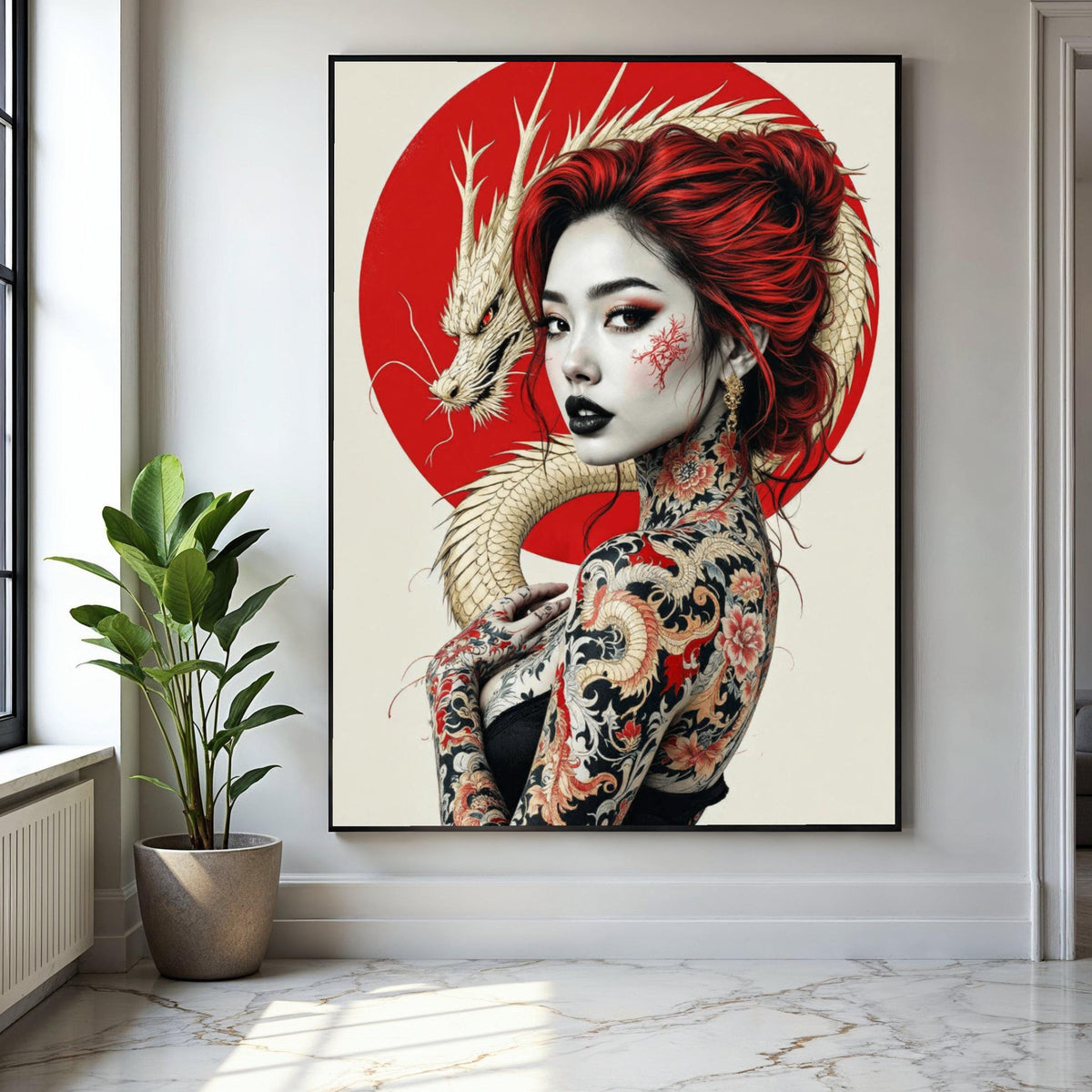 Japanese Dragon Tattoo Woman Canvas, Red Hair Portrait Wall Art, Asian Inspired Body Art Canvas, Modern Japon Gift Art, Home Decor, Print
