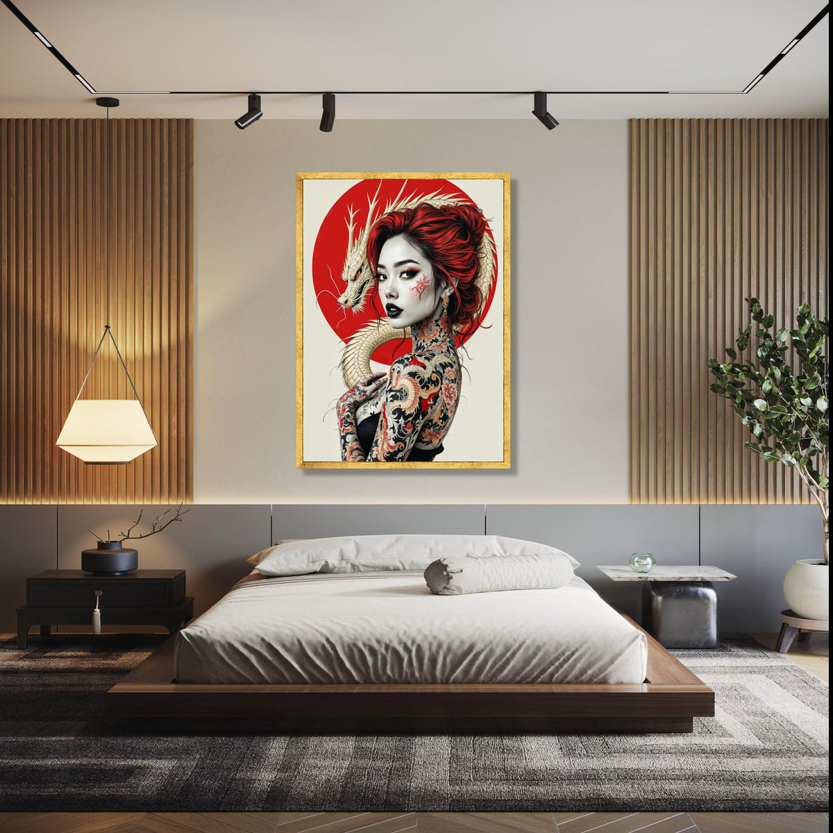 Japanese Dragon Tattoo Woman Canvas, Red Hair Portrait Wall Art, Asian Inspired Body Art Canvas, Modern Japon Gift Art, Home Decor, Print