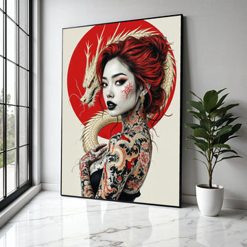 Japanese Dragon Tattoo Woman Canvas, Red Hair Portrait Wall Art, Asian Inspired Body Art Canvas, Modern Japon Gift Art, Home Decor, Print