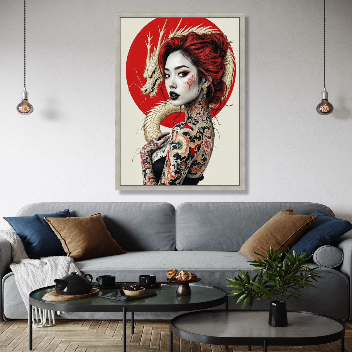 Japanese Dragon Tattoo Woman Canvas, Red Hair Portrait Wall Art, Asian Inspired Body Art Canvas, Modern Japon Gift Art, Home Decor, Print