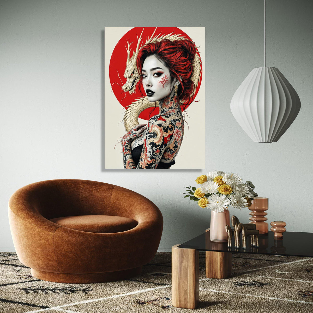 Japanese Dragon Tattoo Woman Canvas, Red Hair Portrait Wall Art, Asian Inspired Body Art Canvas, Modern Japon Gift Art, Home Decor, Print