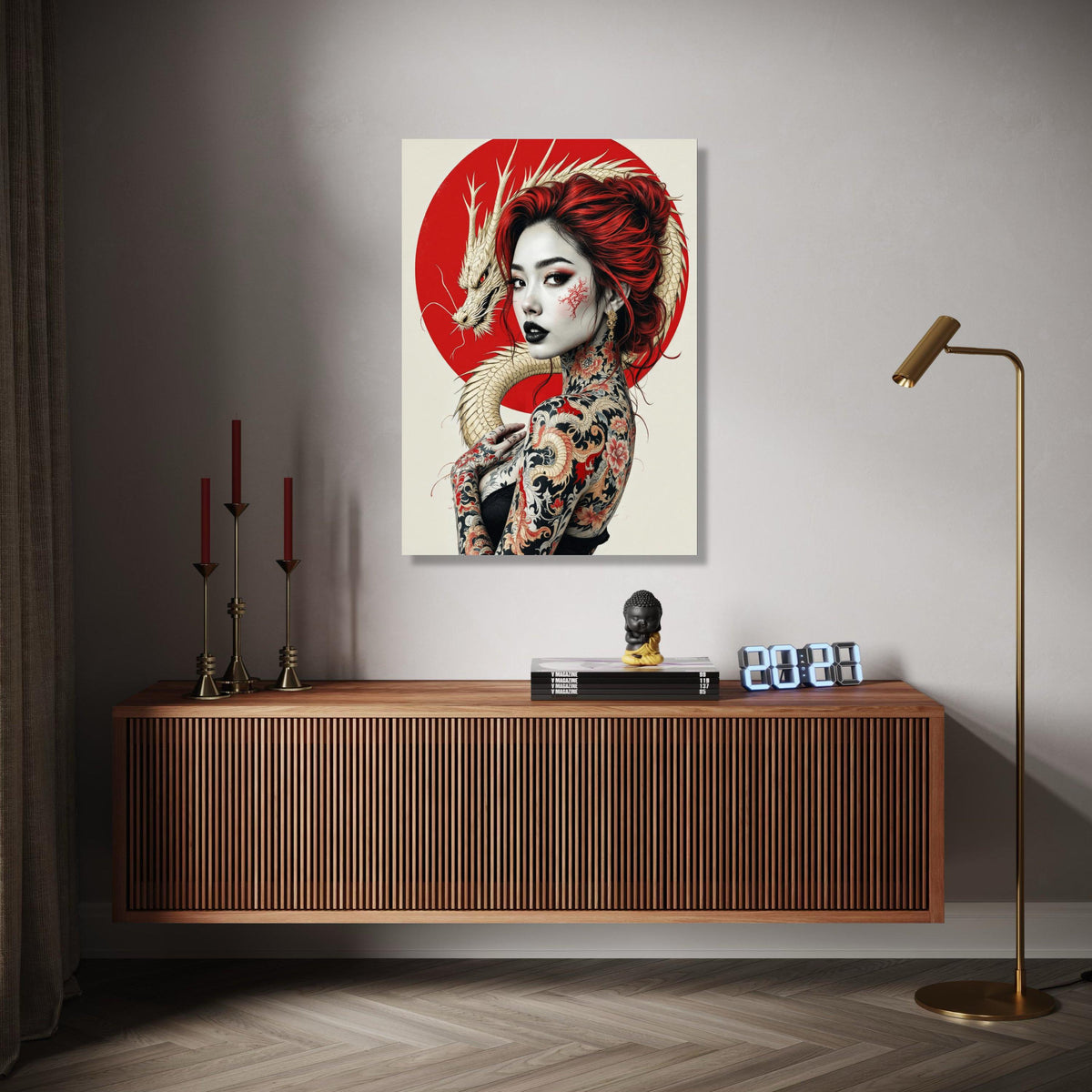 Japanese Dragon Tattoo Woman Canvas, Red Hair Portrait Wall Art, Asian Inspired Body Art Canvas, Modern Japon Gift Art, Home Decor, Print