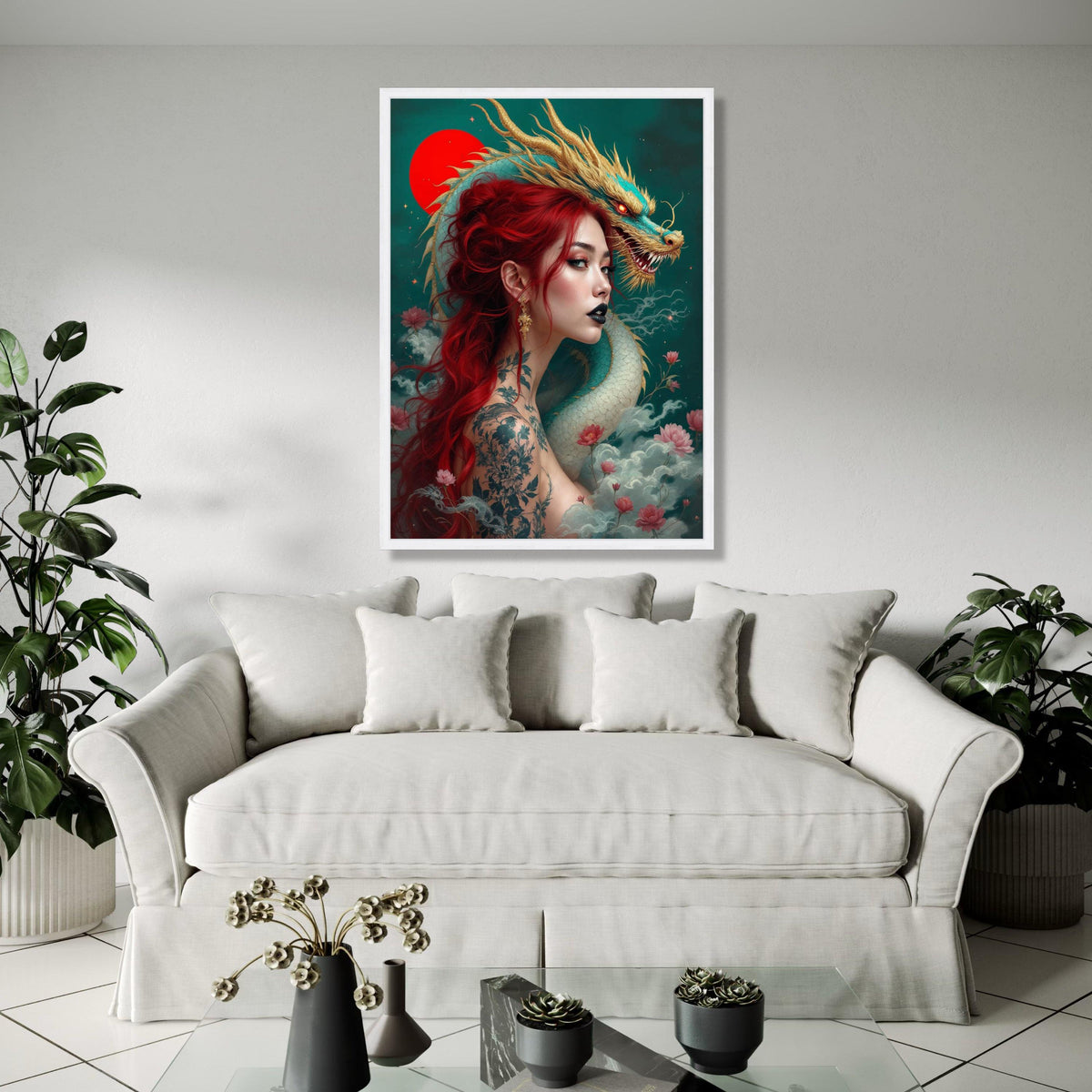 Mystical Red-Haired Woman with Japanese Dragon Canvas, Asian Fantasy Art, Tattoo Inspired Wall Decor, Mythical Gift Art, Home Decor, Print