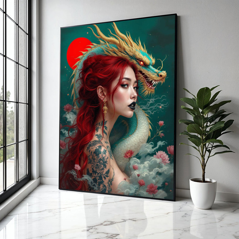 Mystical Red-Haired Woman with Japanese Dragon Canvas, Asian Fantasy Art, Tattoo Inspired Wall Decor, Mythical Gift Art, Home Decor, Print
