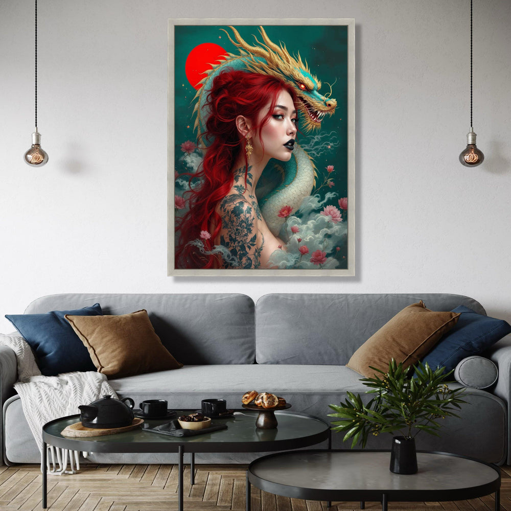 Mystical Red-Haired Woman with Japanese Dragon Canvas, Asian Fantasy Art, Tattoo Inspired Wall Decor, Mythical Gift Art, Home Decor, Print