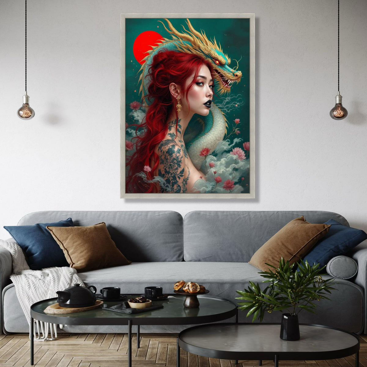Mystical Red-Haired Woman with Japanese Dragon Canvas, Asian Fantasy Art, Tattoo Inspired Wall Decor, Mythical Gift Art, Home Decor, Print