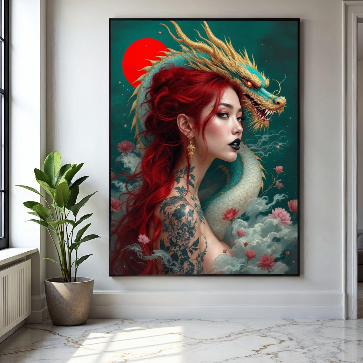 Mystical Red-Haired Woman with Japanese Dragon Canvas, Asian Fantasy Art, Tattoo Inspired Wall Decor, Mythical Gift Art, Home Decor, Print