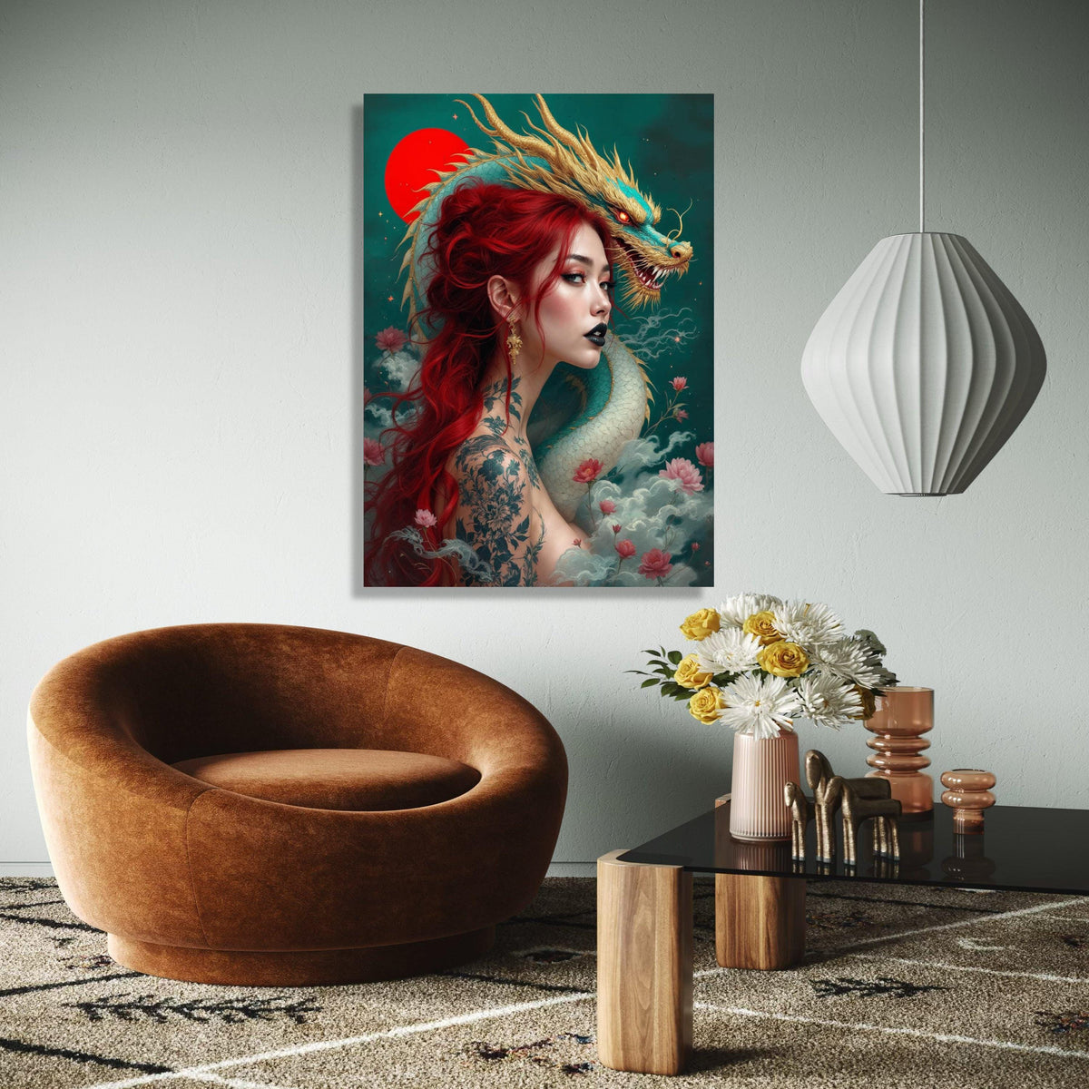 Mystical Red-Haired Woman with Japanese Dragon Canvas, Asian Fantasy Art, Tattoo Inspired Wall Decor, Mythical Gift Art, Home Decor, Print