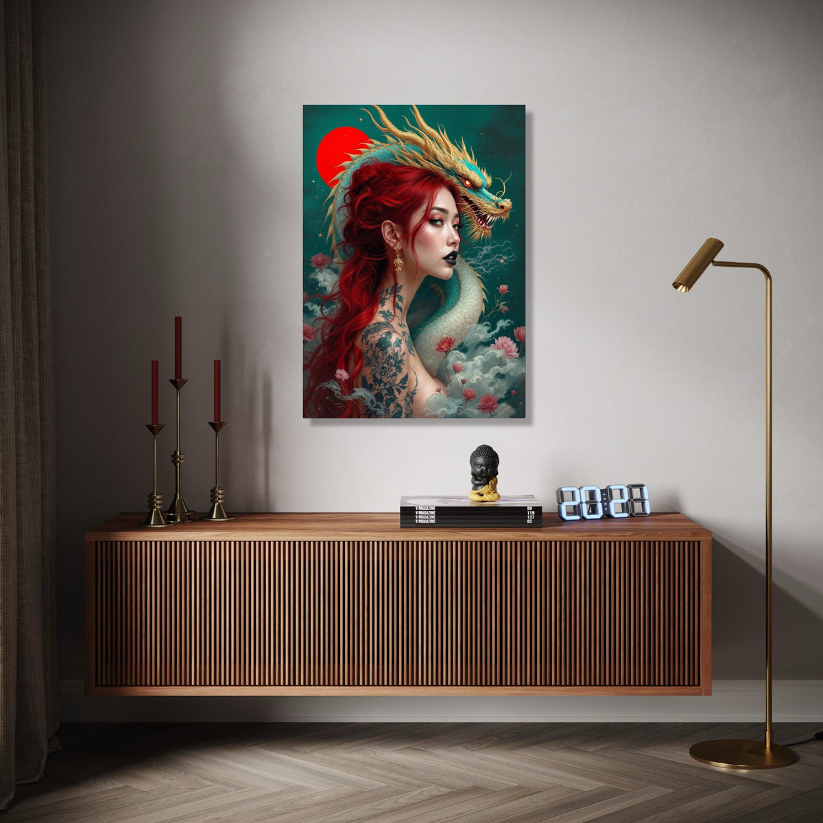 Mystical Red-Haired Woman with Japanese Dragon Canvas, Asian Fantasy Art, Tattoo Inspired Wall Decor, Mythical Gift Art, Home Decor, Print