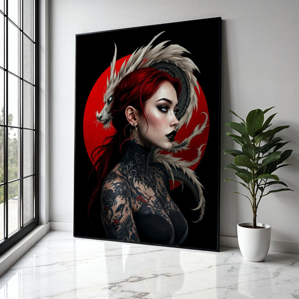 Fierce Red-Haired Woman with Detailed Dragon Tattoo, Japanese Art Canvas Wall Decor, Oriental Mythical Creature, Gift Art, Home Decor, Print