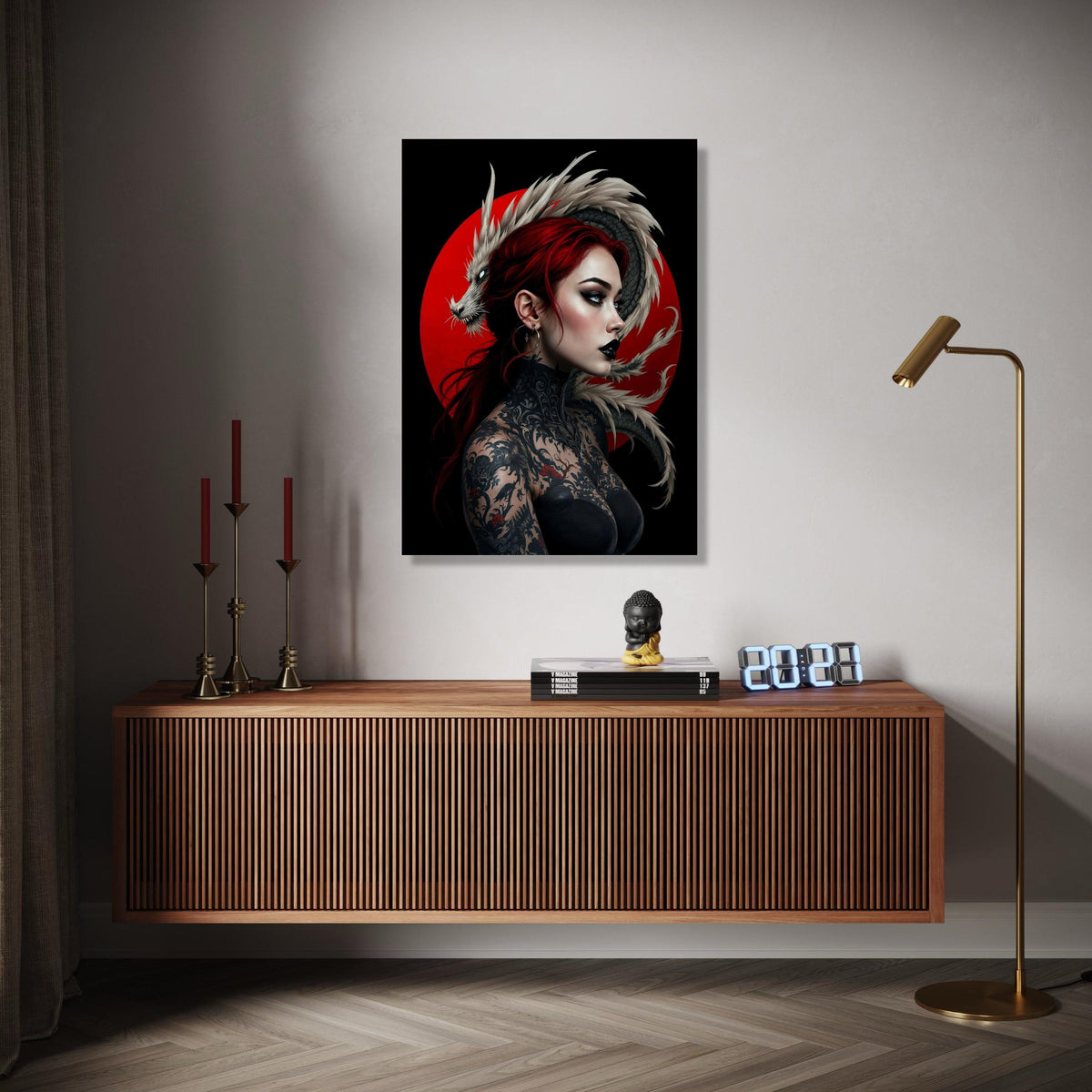 Fierce Red-Haired Woman with Detailed Dragon Tattoo, Japanese Art Canvas Wall Decor, Oriental Mythical Creature, Gift Art, Home Decor, Print