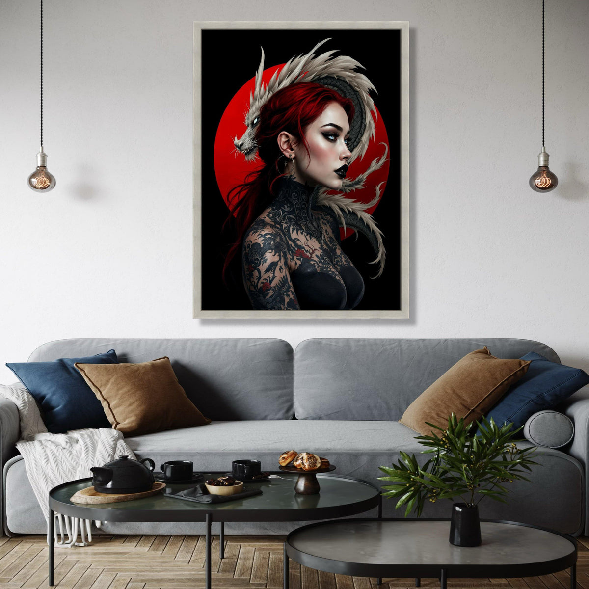 Fierce Red-Haired Woman with Detailed Dragon Tattoo, Japanese Art Canvas Wall Decor, Oriental Mythical Creature, Gift Art, Home Decor, Print