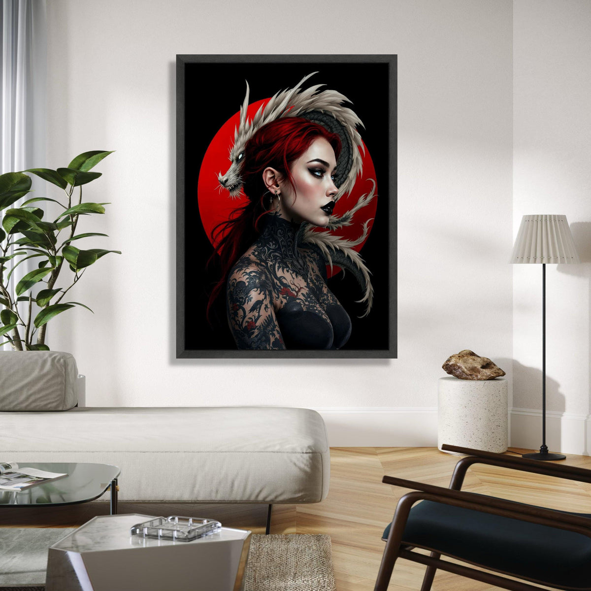 Fierce Red-Haired Woman with Detailed Dragon Tattoo, Japanese Art Canvas Wall Decor, Oriental Mythical Creature, Gift Art, Home Decor, Print