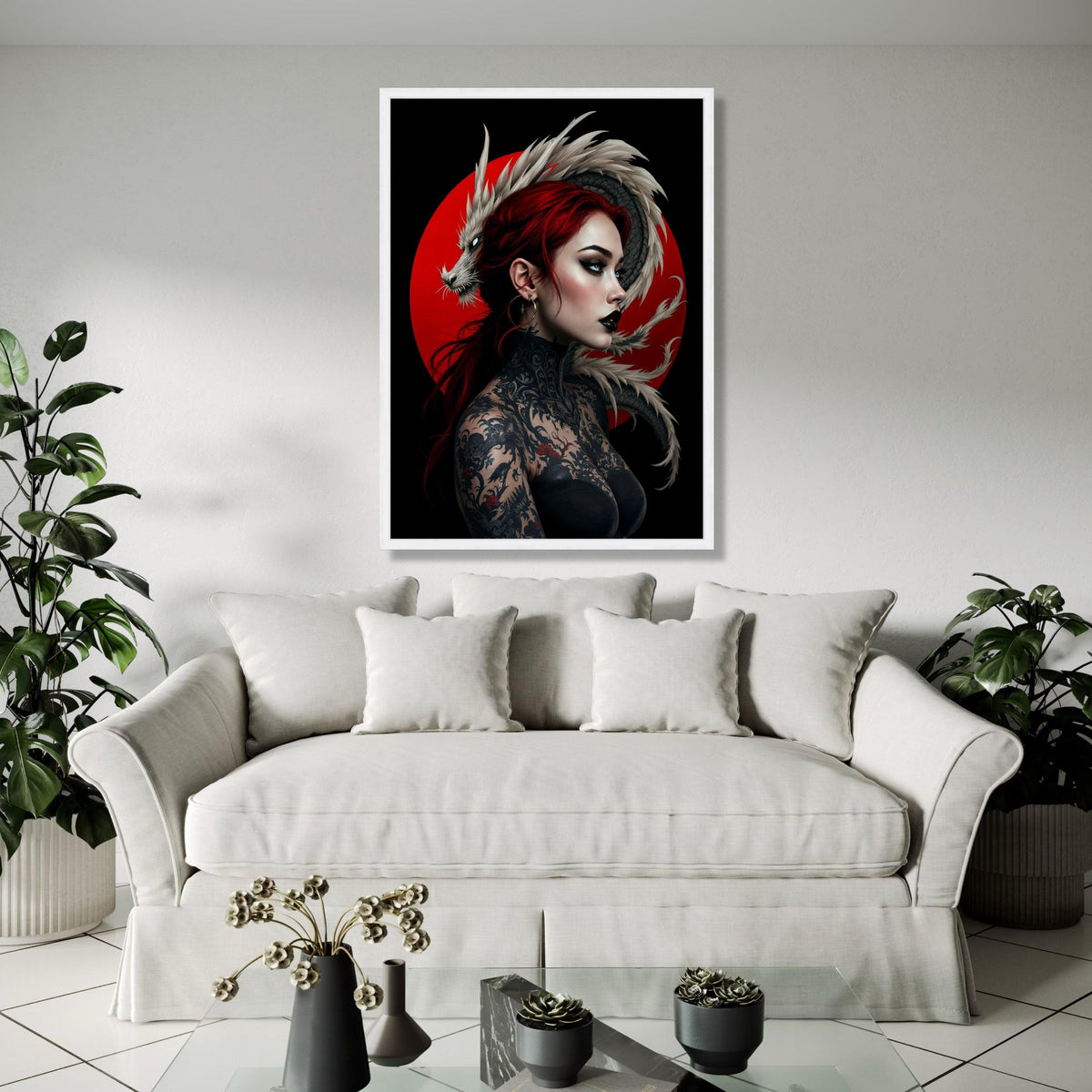 Fierce Red-Haired Woman with Detailed Dragon Tattoo, Japanese Art Canvas Wall Decor, Oriental Mythical Creature, Gift Art, Home Decor, Print