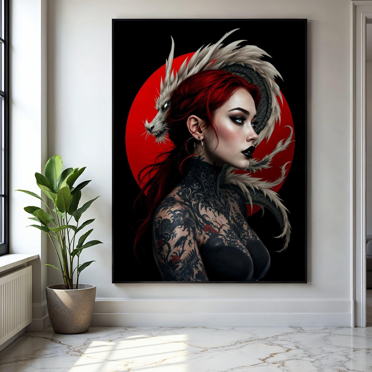 Fierce Red-Haired Woman with Detailed Dragon Tattoo, Japanese Art Canvas Wall Decor, Oriental Mythical Creature, Gift Art, Home Decor, Print