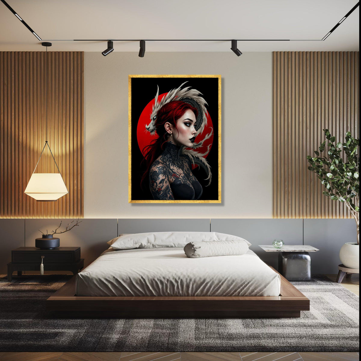 Fierce Red-Haired Woman with Detailed Dragon Tattoo, Japanese Art Canvas Wall Decor, Oriental Mythical Creature, Gift Art, Home Decor, Print