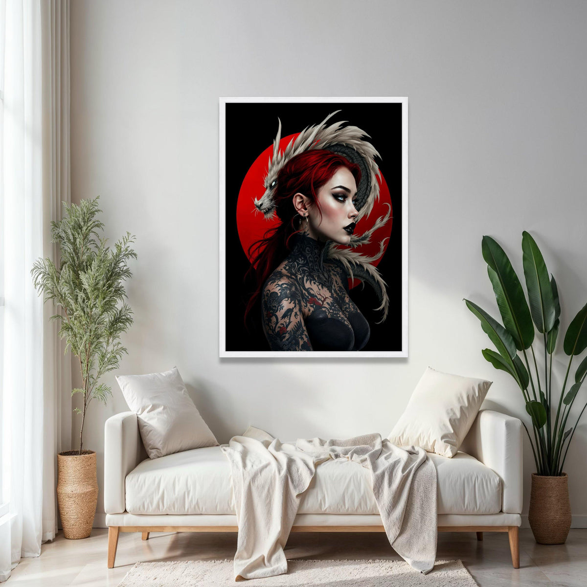 Fierce Red-Haired Woman with Detailed Dragon Tattoo, Japanese Art Canvas Wall Decor, Oriental Mythical Creature, Gift Art, Home Decor, Print