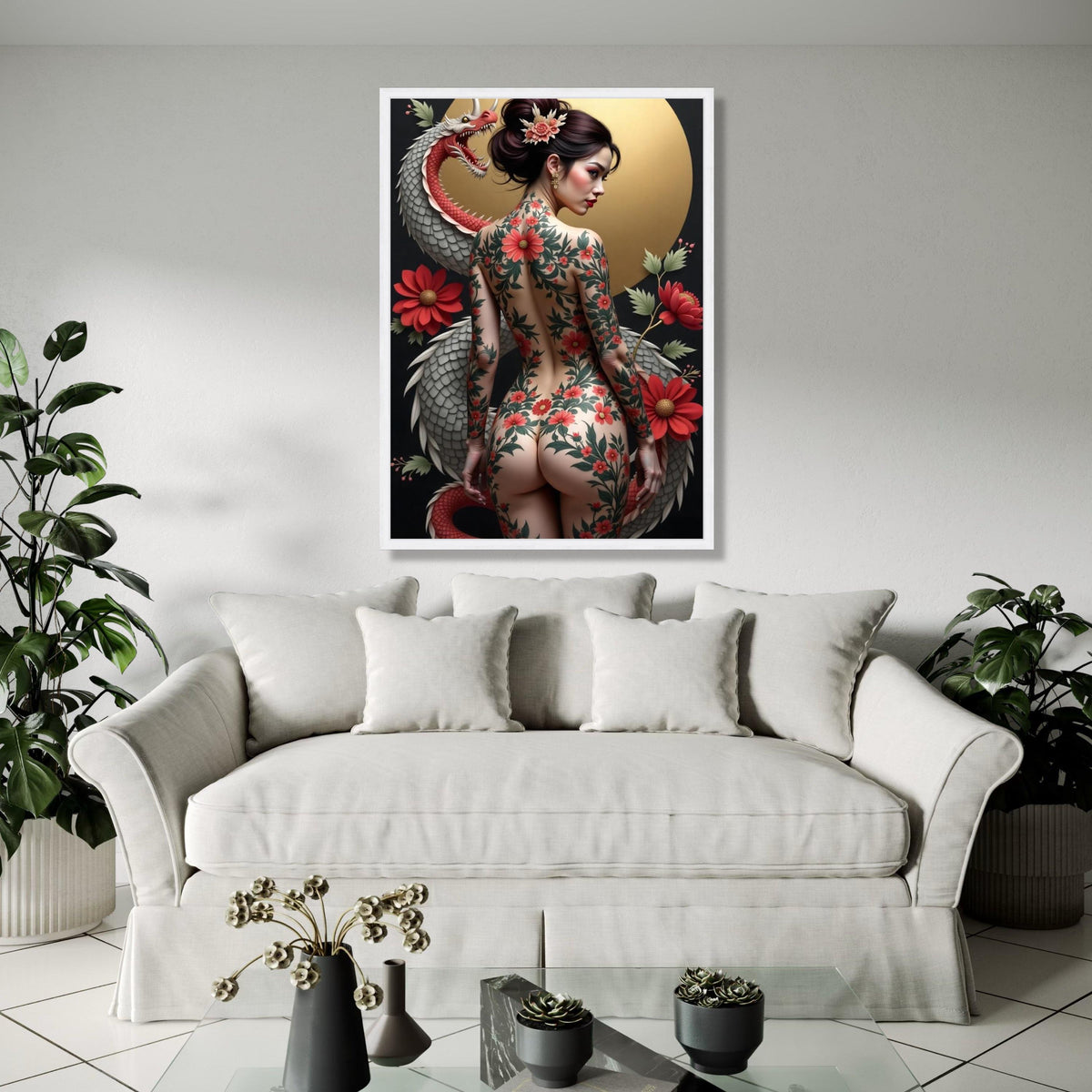 Japanese Floral Tattoo Art Canvas, Elegant Geisha Back Design, Red Chrysanthemum Flowers, Dragon Illustration Gift Art, Home Decor, Print
