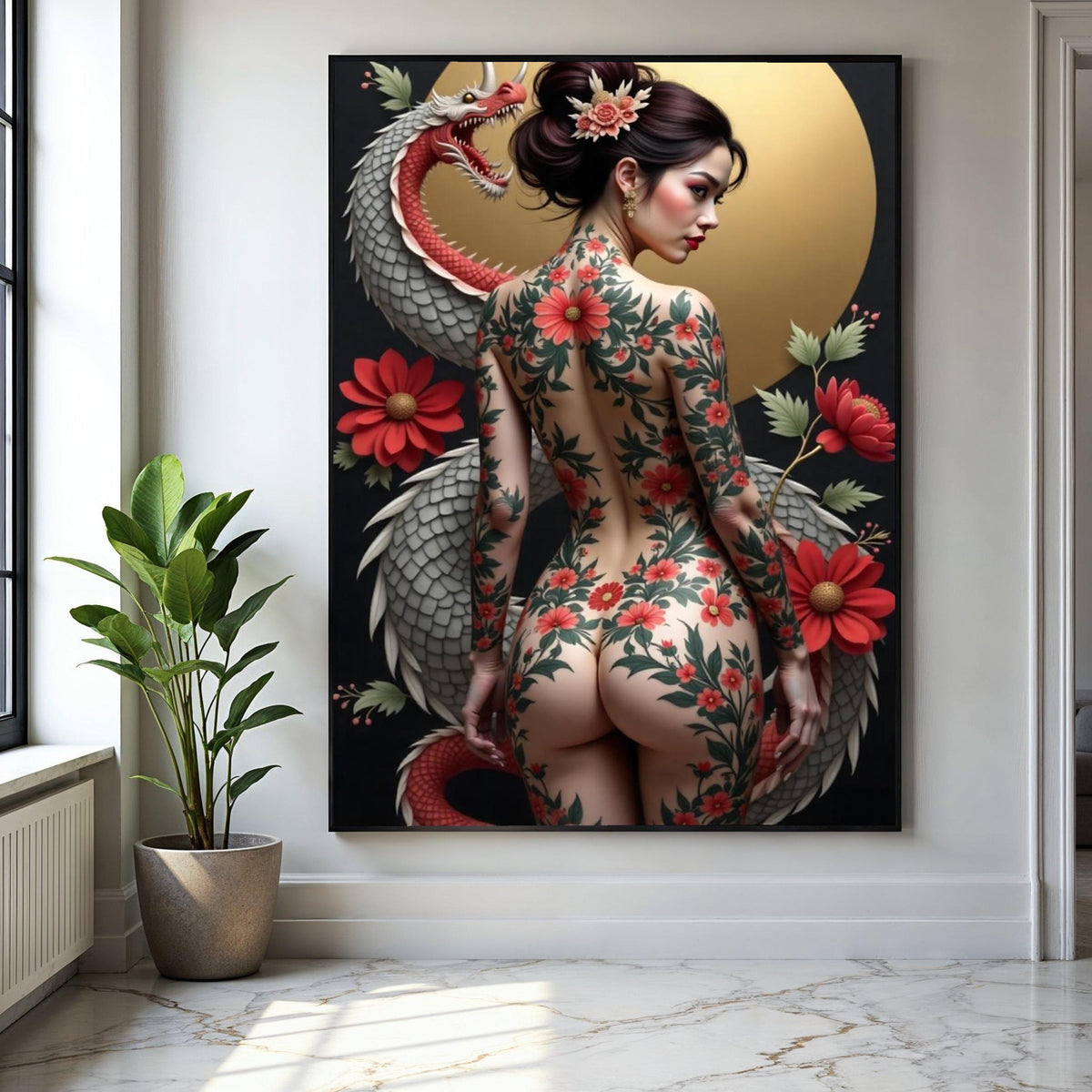 Japanese Floral Tattoo Art Canvas, Elegant Geisha Back Design, Red Chrysanthemum Flowers, Dragon Illustration Gift Art, Home Decor, Print