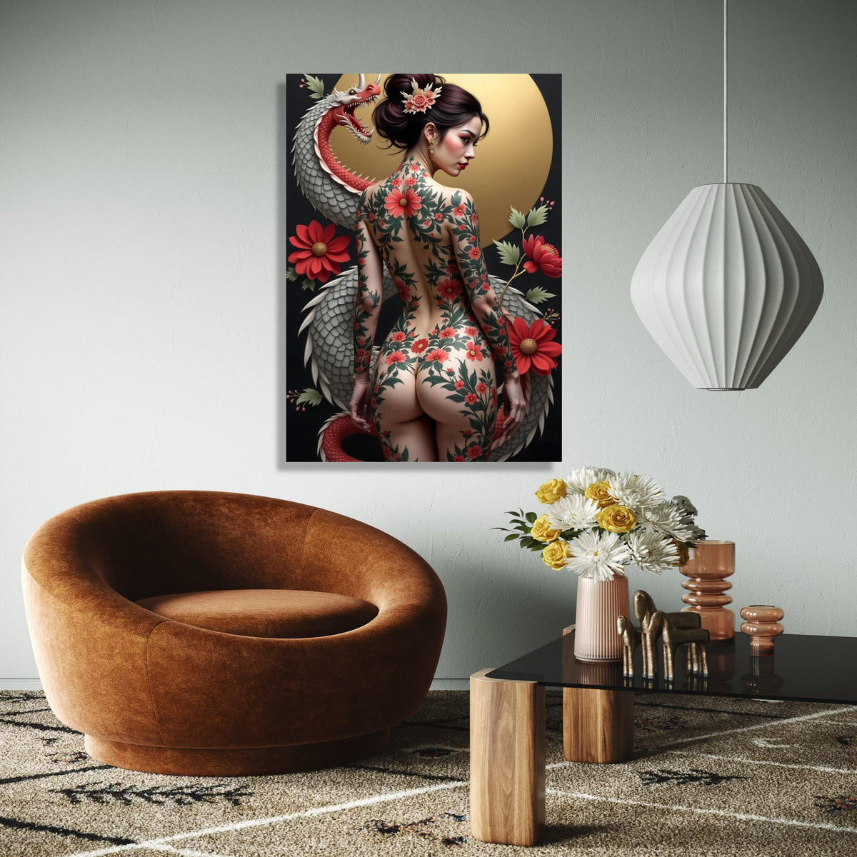 Japanese Floral Tattoo Art Canvas, Elegant Geisha Back Design, Red Chrysanthemum Flowers, Dragon Illustration Gift Art, Home Decor, Print