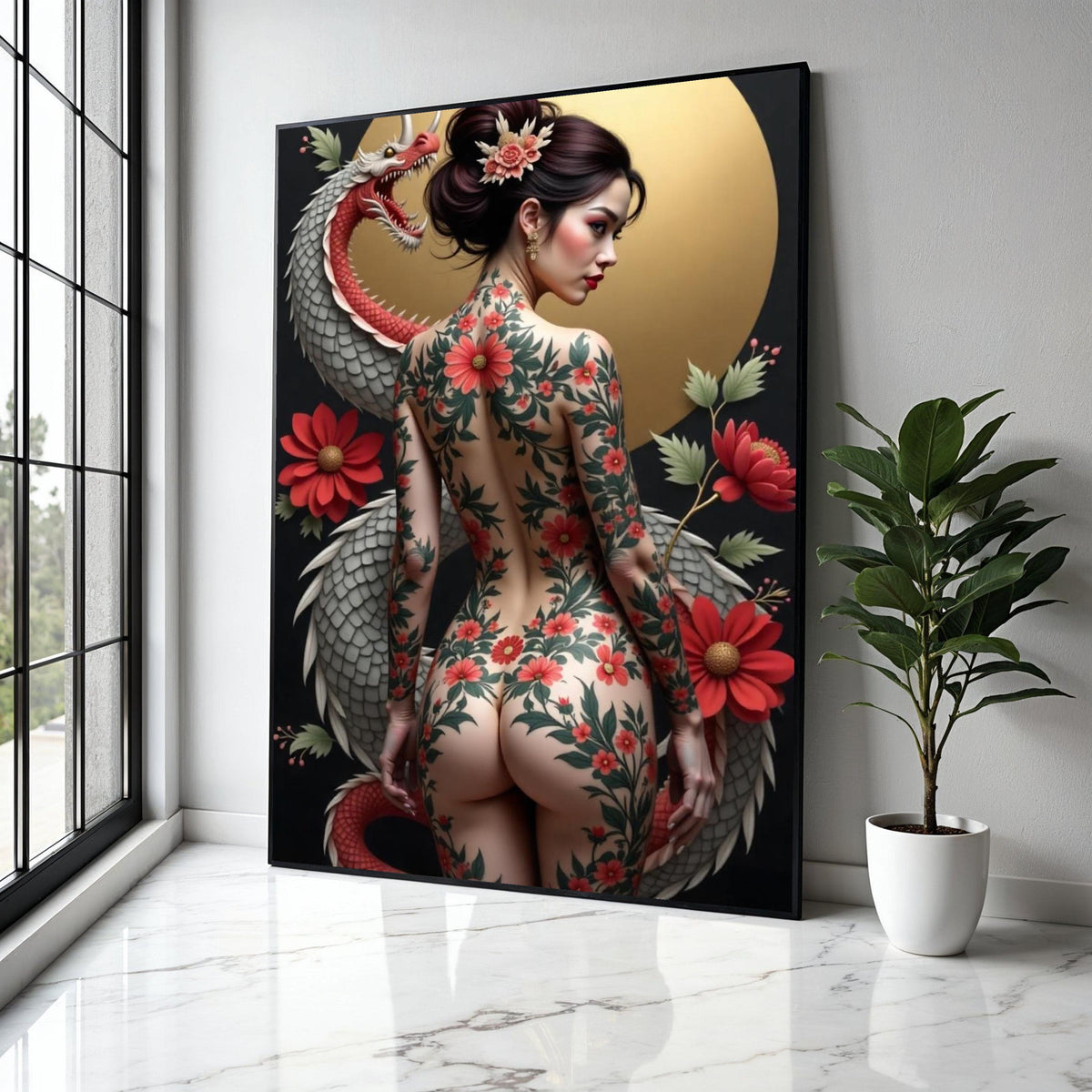 Japanese Floral Tattoo Art Canvas, Elegant Geisha Back Design, Red Chrysanthemum Flowers, Dragon Illustration Gift Art, Home Decor, Print