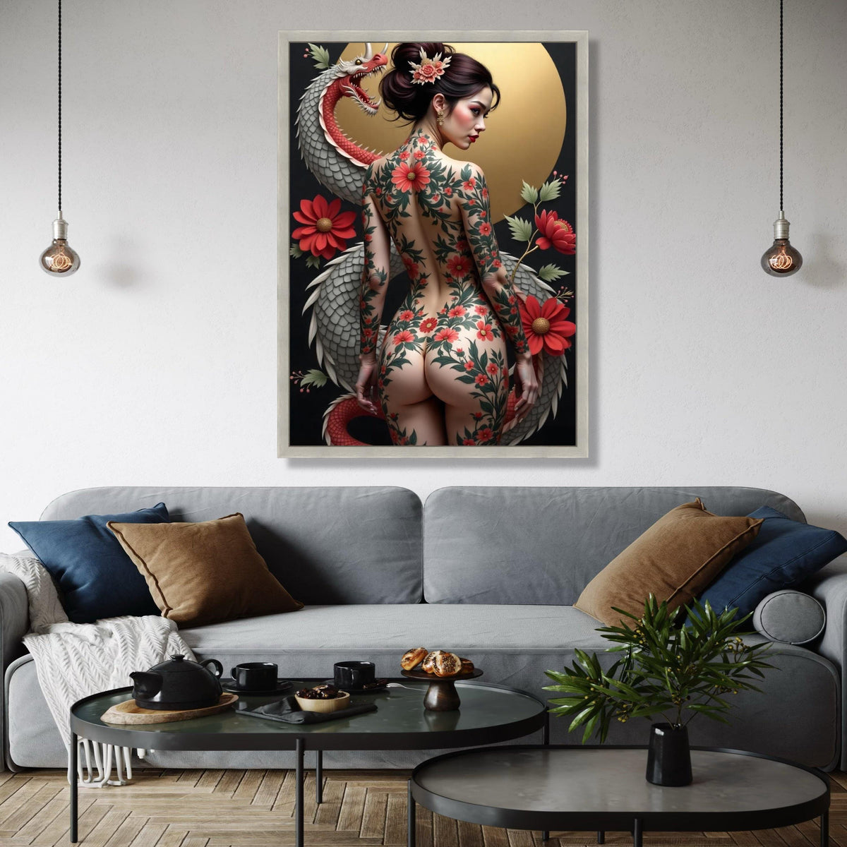 Japanese Floral Tattoo Art Canvas, Elegant Geisha Back Design, Red Chrysanthemum Flowers, Dragon Illustration Gift Art, Home Decor, Print