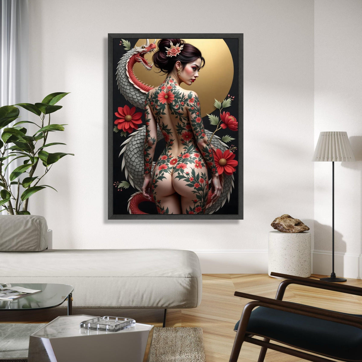 Japanese Floral Tattoo Art Canvas, Elegant Geisha Back Design, Red Chrysanthemum Flowers, Dragon Illustration Gift Art, Home Decor, Print