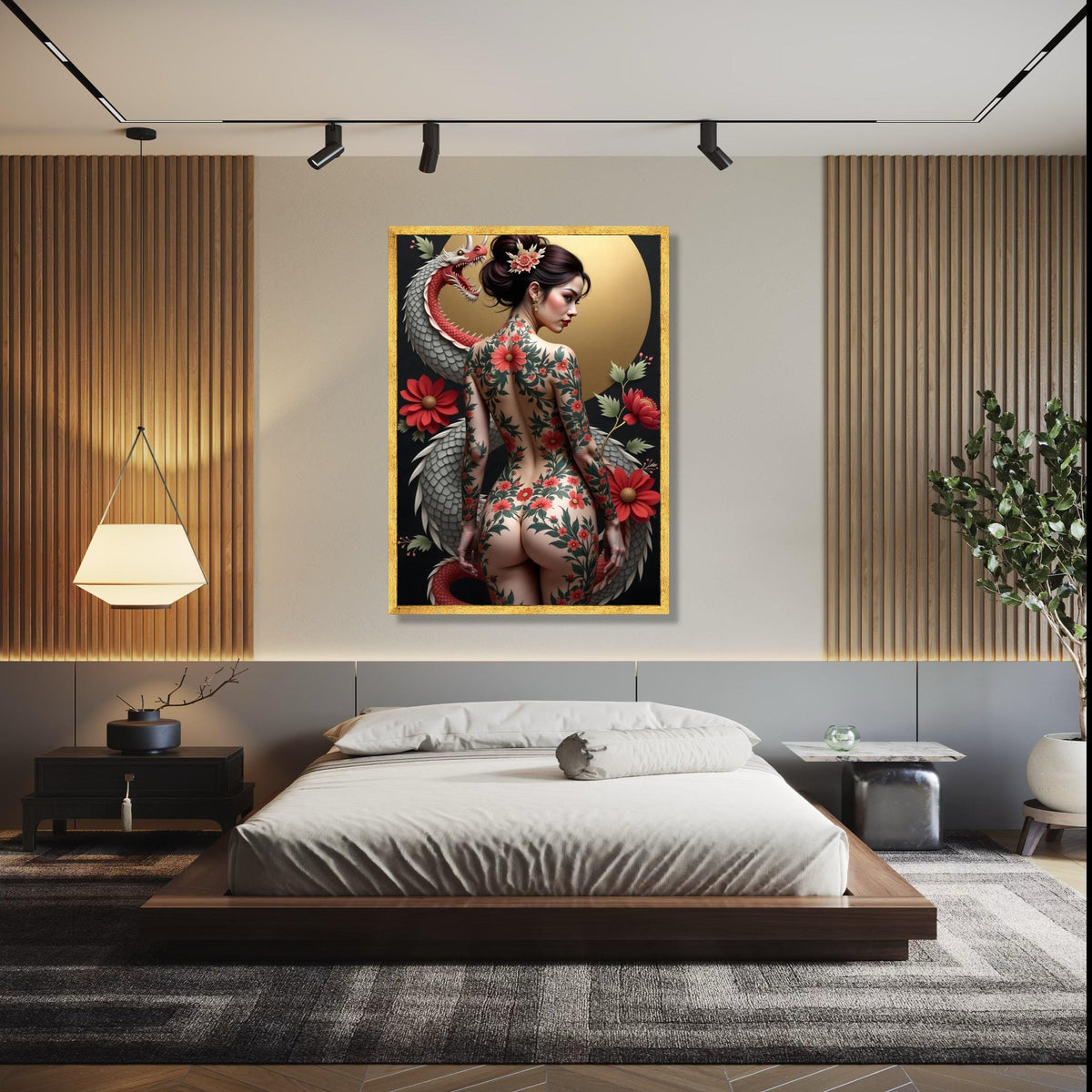 Japanese Floral Tattoo Art Canvas, Elegant Geisha Back Design, Red Chrysanthemum Flowers, Dragon Illustration Gift Art, Home Decor, Print