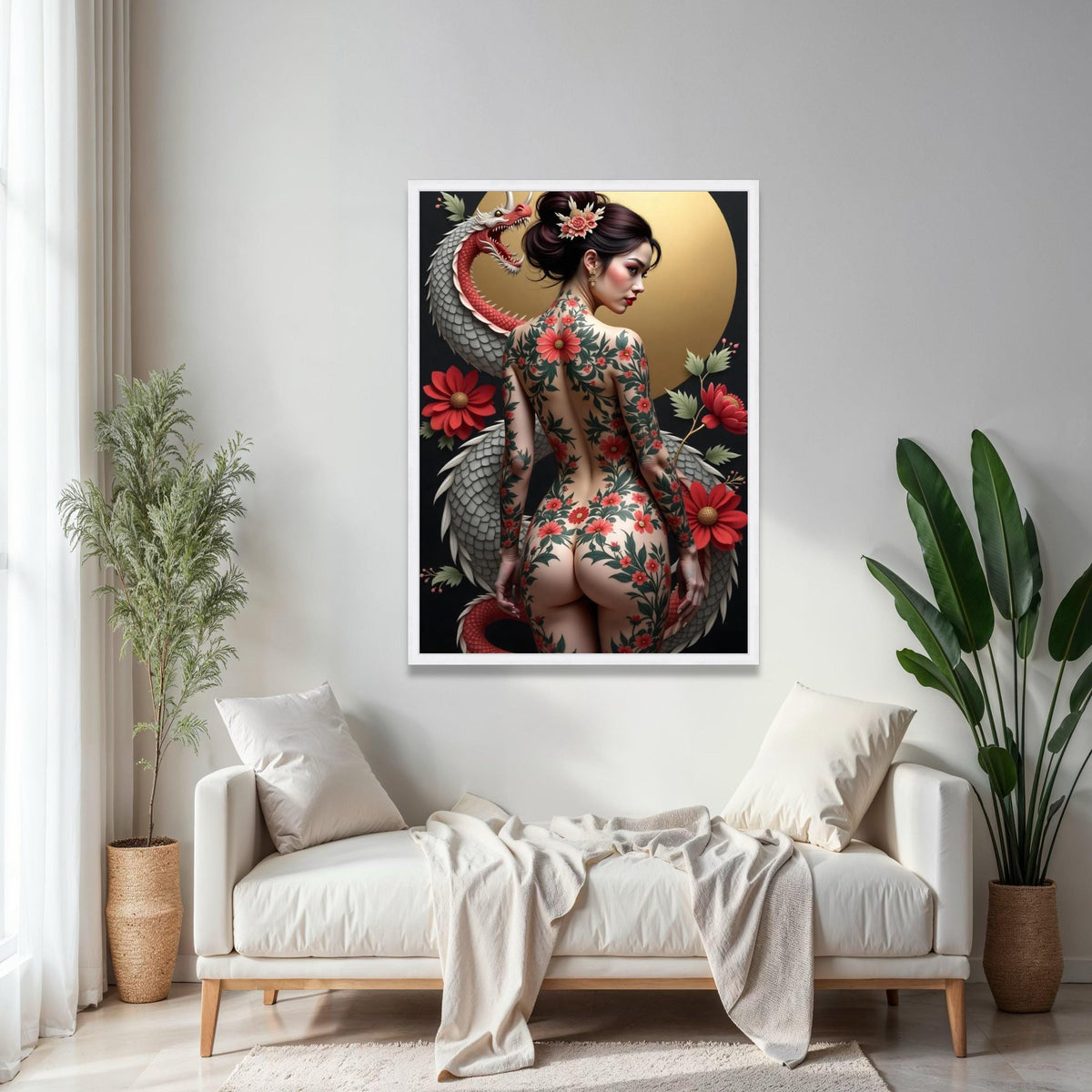 Japanese Floral Tattoo Art Canvas, Elegant Geisha Back Design, Red Chrysanthemum Flowers, Dragon Illustration Gift Art, Home Decor, Print