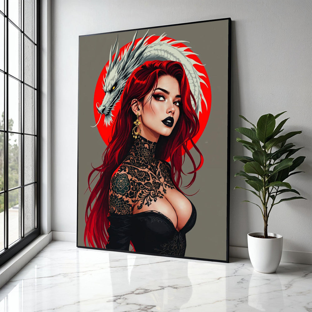 Fierce Red-Haired Woman with Dragon, Japanese Tattoo Art Canvas, Bold Portrait Wall Art, Contemporary Gift Art, Home Decor, Print