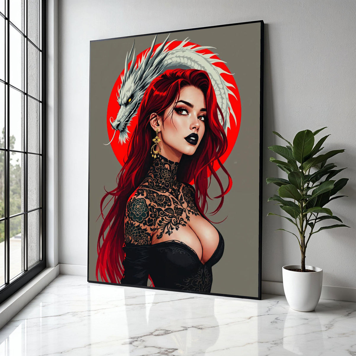 Fierce Red-Haired Woman with Dragon, Japanese Tattoo Art Canvas, Bold Portrait Wall Art, Contemporary Gift Art, Home Decor, Print
