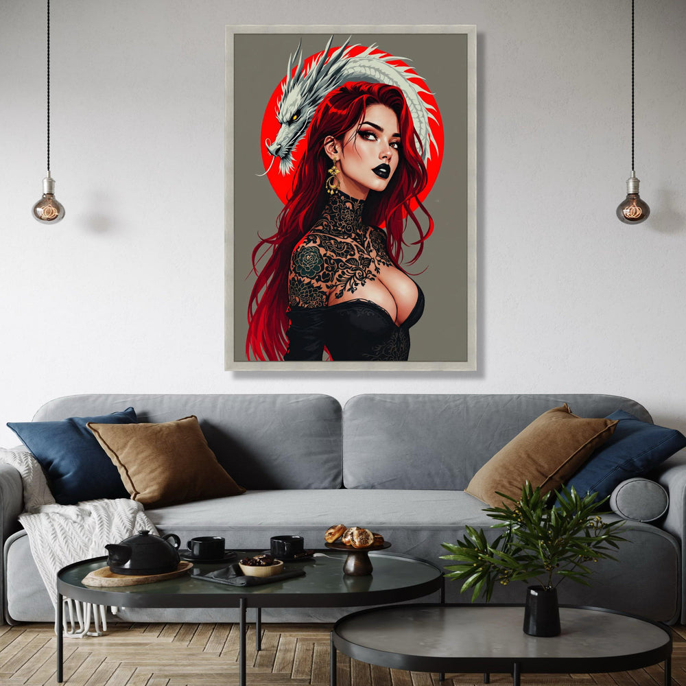 Fierce Red-Haired Woman with Dragon, Japanese Tattoo Art Canvas, Bold Portrait Wall Art, Contemporary Gift Art, Home Decor, Print