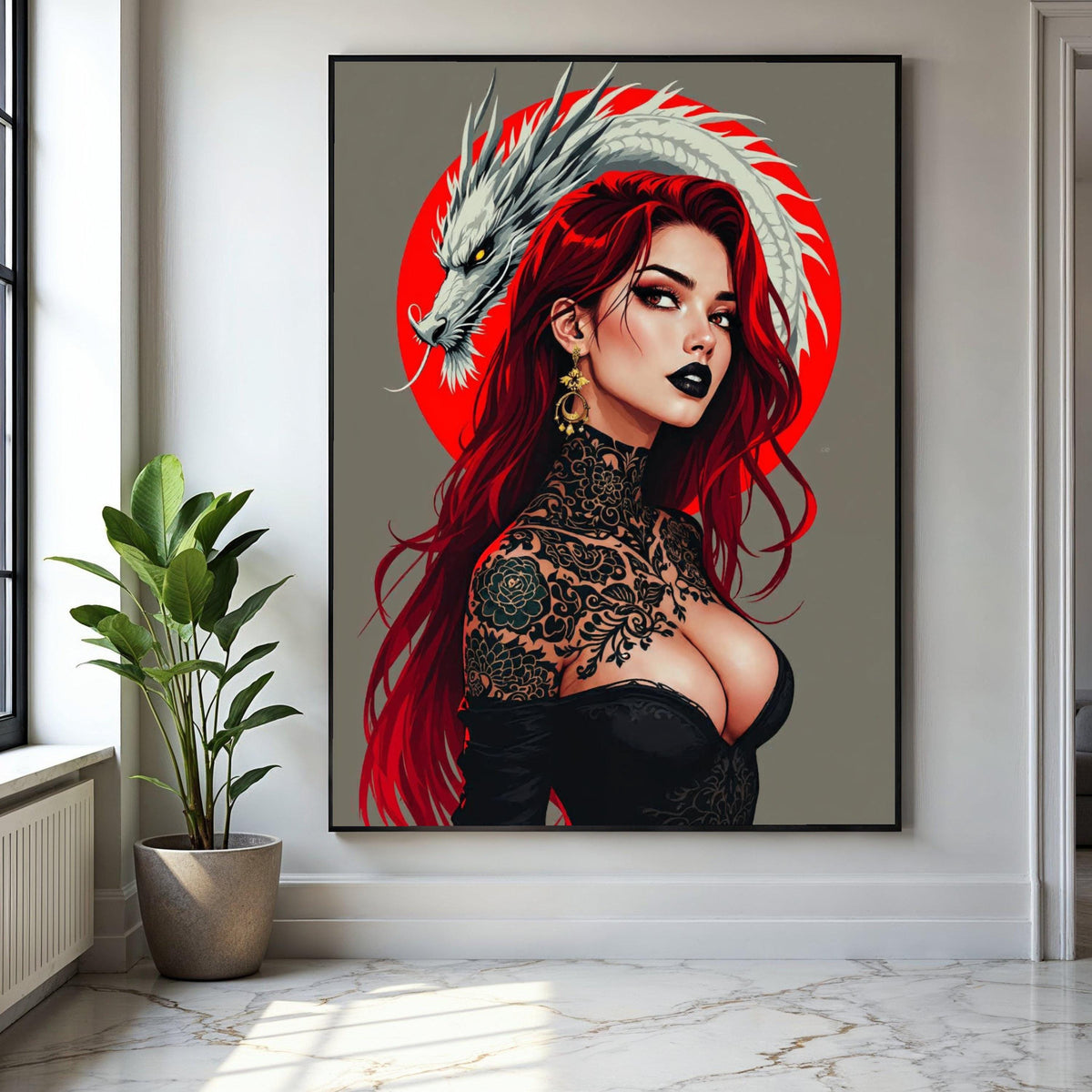 Fierce Red-Haired Woman with Dragon, Japanese Tattoo Art Canvas, Bold Portrait Wall Art, Contemporary Gift Art, Home Decor, Print