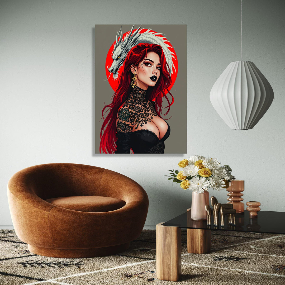 Fierce Red-Haired Woman with Dragon, Japanese Tattoo Art Canvas, Bold Portrait Wall Art, Contemporary Gift Art, Home Decor, Print