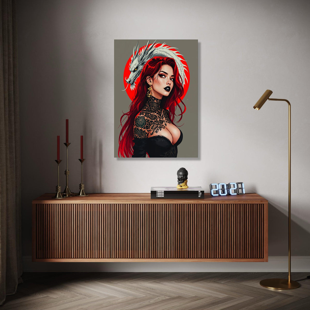 Fierce Red-Haired Woman with Dragon, Japanese Tattoo Art Canvas, Bold Portrait Wall Art, Contemporary Gift Art, Home Decor, Print