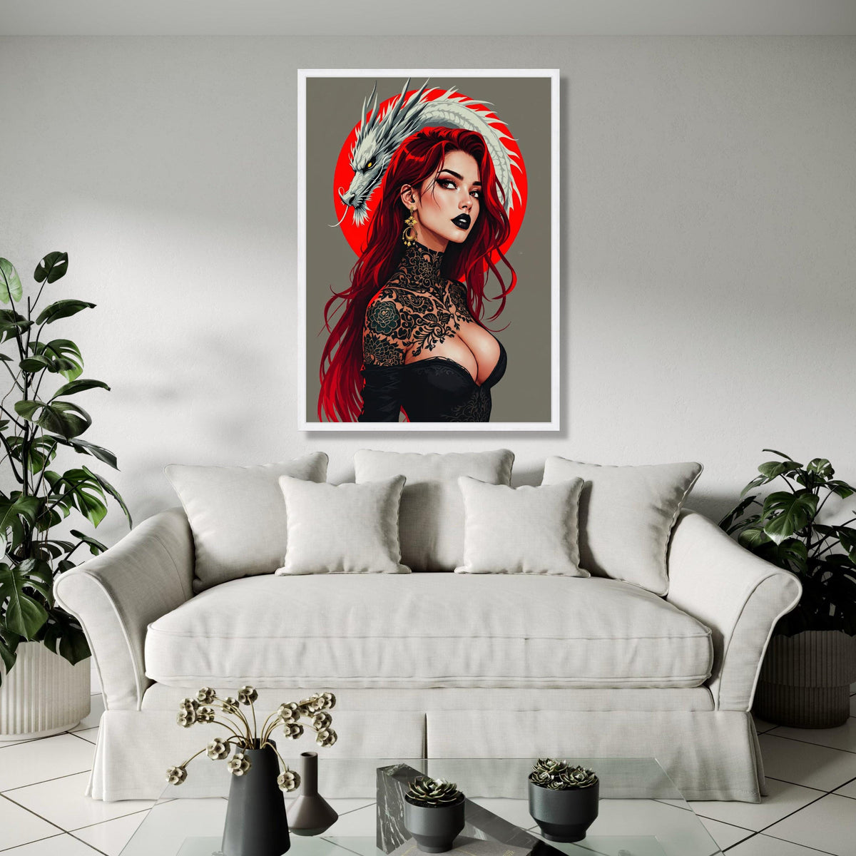 Fierce Red-Haired Woman with Dragon, Japanese Tattoo Art Canvas, Bold Portrait Wall Art, Contemporary Gift Art, Home Decor, Print