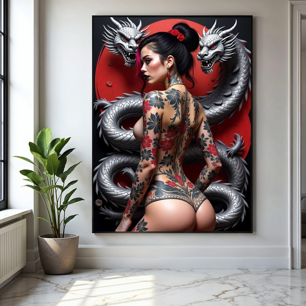 Japanese Dragon and Geisha Tattoo Art, Red Moon Canvas, Oriental Wall Art, Modern Asian Decor, Floral Tattoo Gift Art, Home Decor, Print