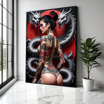 Japanese Dragon and Geisha Tattoo Art, Red Moon Canvas, Oriental Wall Art, Modern Asian Decor, Floral Tattoo Gift Art, Home Decor, Print